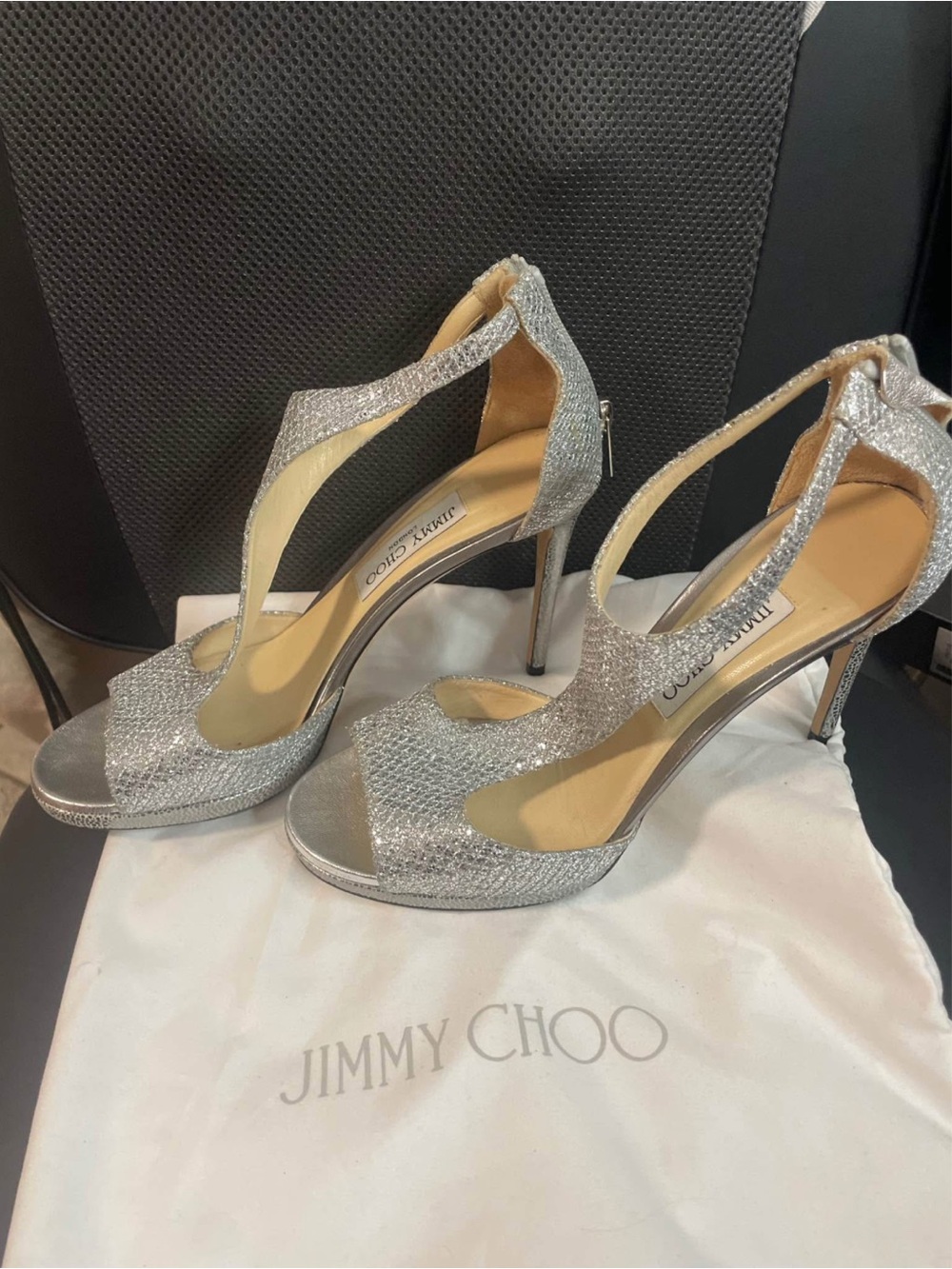 Jimmy Choo Silver Sparkle T-Strap Stiletto Sandals
